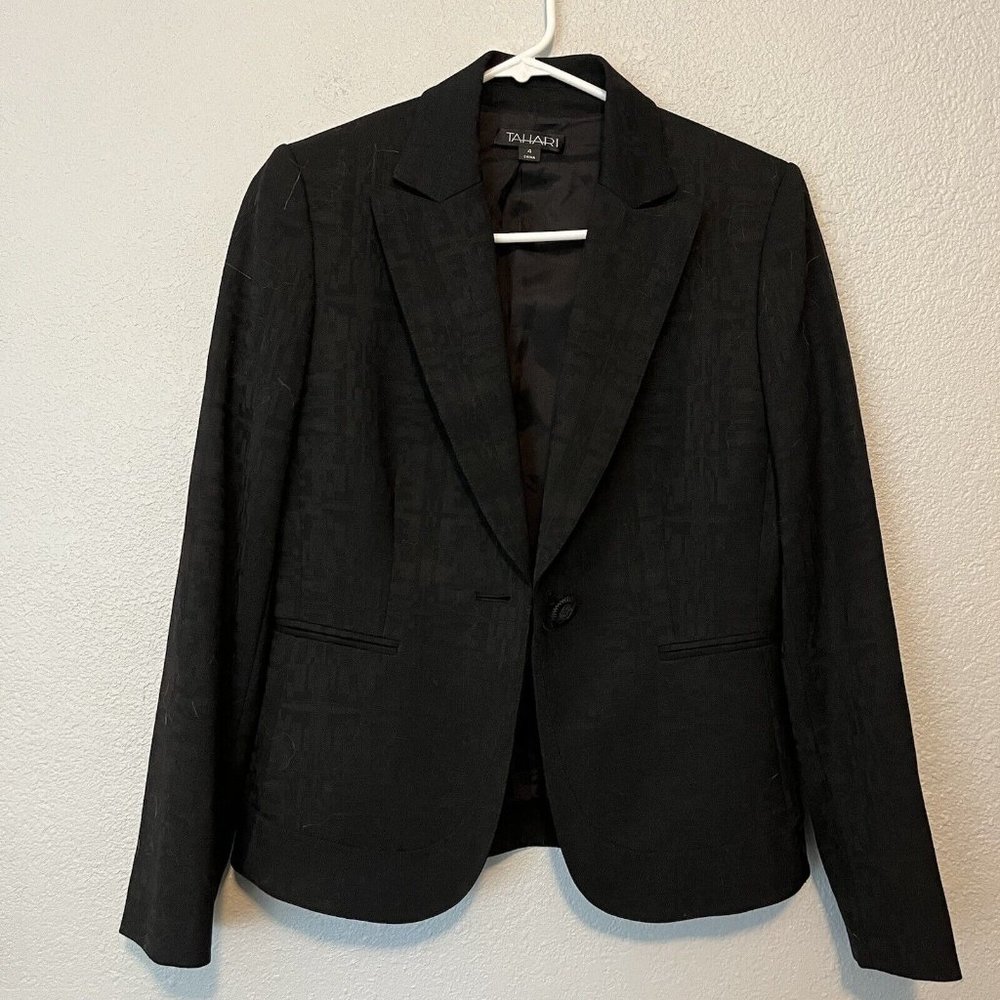 Tahari Black Print Wool Blend One Button Padded Shoulders Lined Blazer Size 4